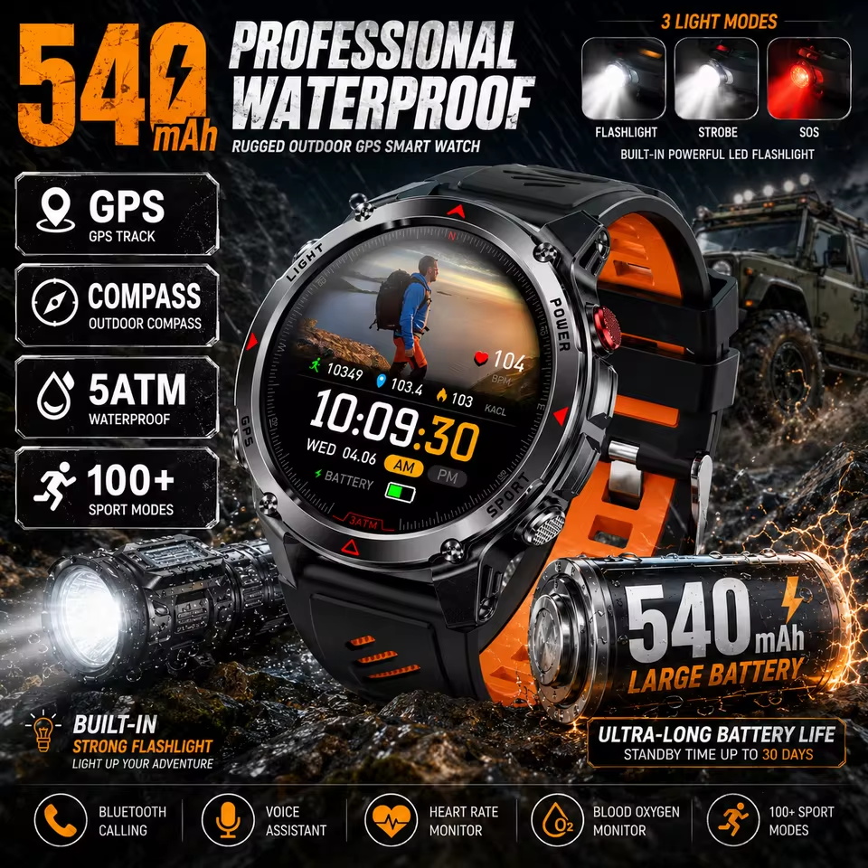Altimeter Compass Watch - Askeri 540mAh GPS akıllı saat 3ATM